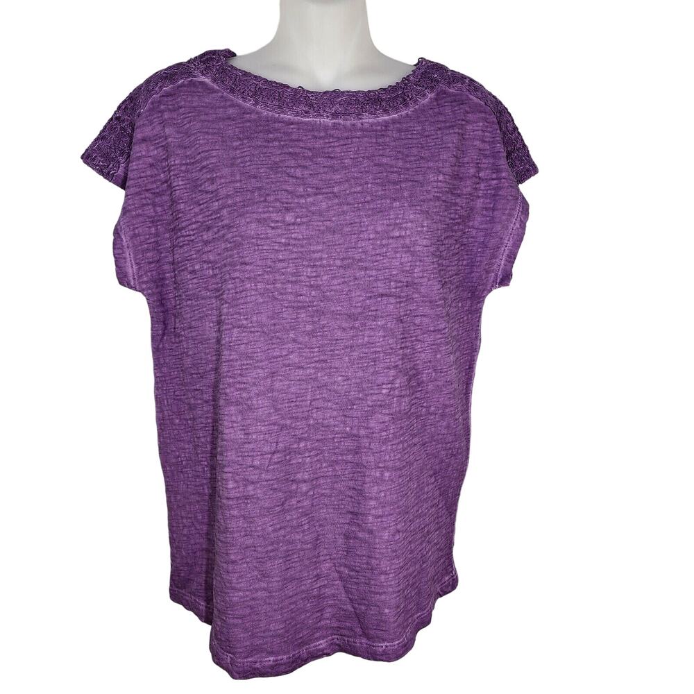 Chico's Top Womens Size 0 Small Purple Pigment Dyed Lace Trim Dolman Sleeve Tee